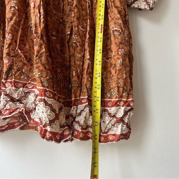 American Eagle Rust Floral Boho Mini Dress XL Bell Sleeve Smocked Waist Festival - Picture 7 of 12